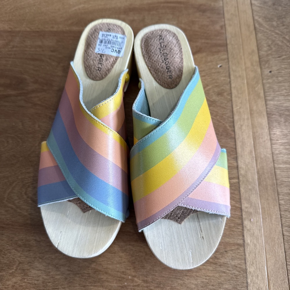 Kelsi Dagger Brooklyn Heeled Gear Sandal Clog Shoe Rainbow Leather Size 7.5